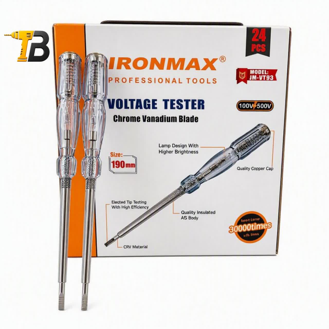 فازمتر حرفه ای آیرونمکس (IRONMAX) مدل IM-VT93 | بدنه کریستالی روشن، تیغه کروم وانادیوم ۱۹۰ میلیمتری برای تست برق از ۱۰۰ تا ۵۰۰ ولت - Image 2